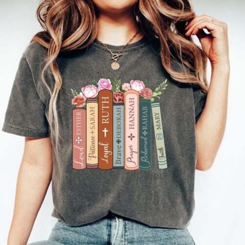 Christian Women Of The Bible Book Lover Verse Quotes Flower Floral Mom Shirt image 0