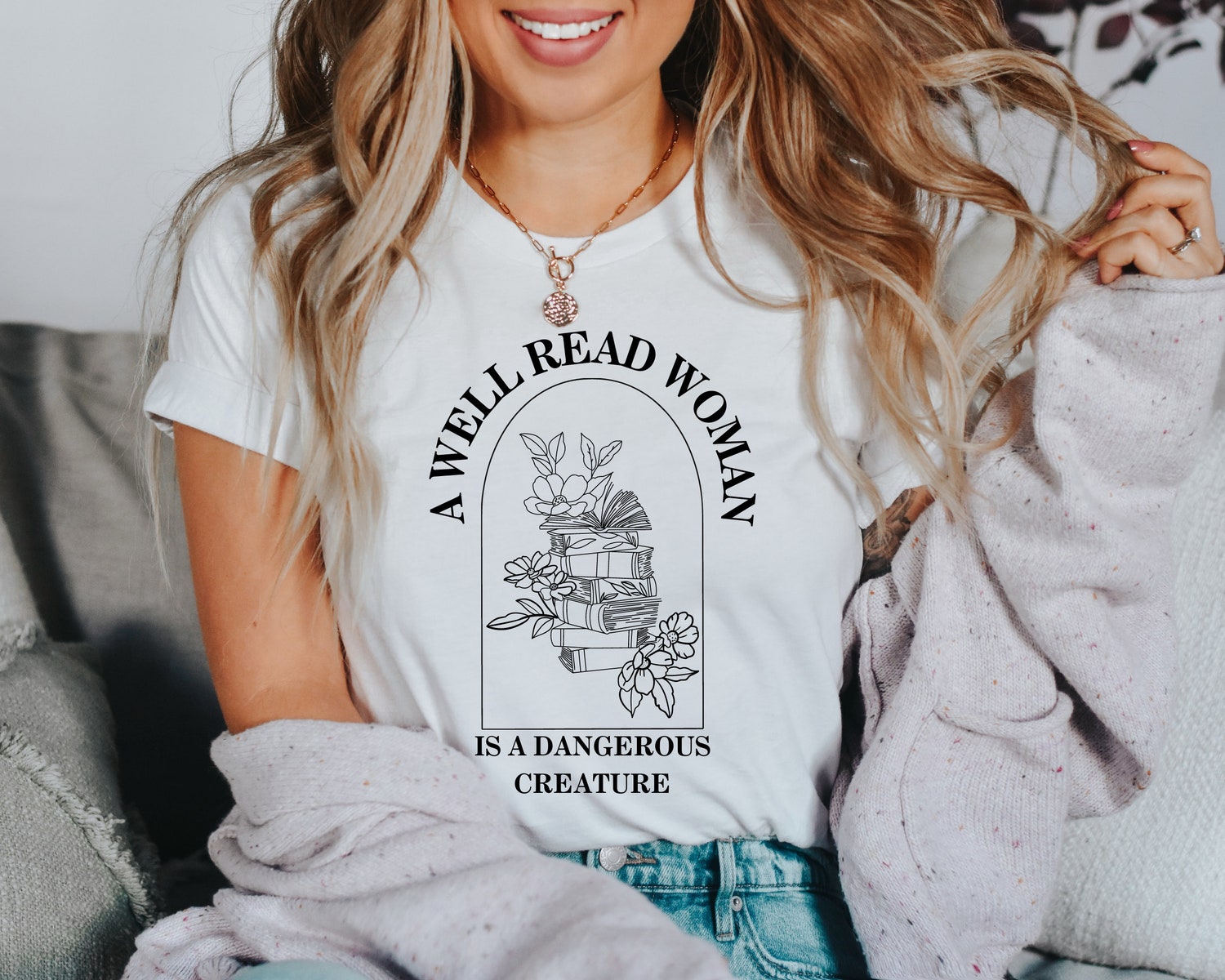 Light Academia A Well Read Woman Floral Book Lover Reading Literature Shirt image 3