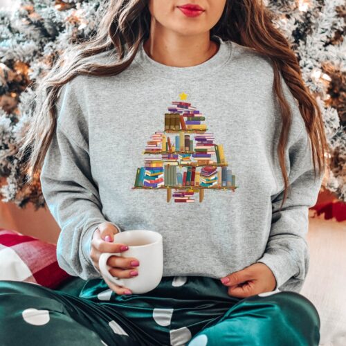 Christmas Book Tree Lover Women Cute Holiday Winter Librarian Sweatshirt image 0