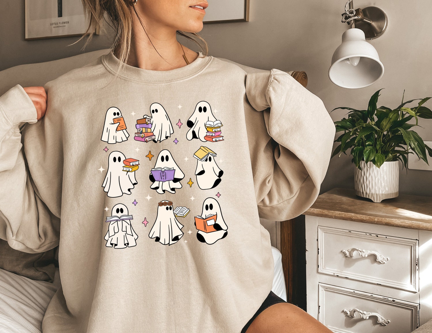 Ghost Reading Books Librarian Halloween Nerd Party Cute Funny Sweatshirt image 1