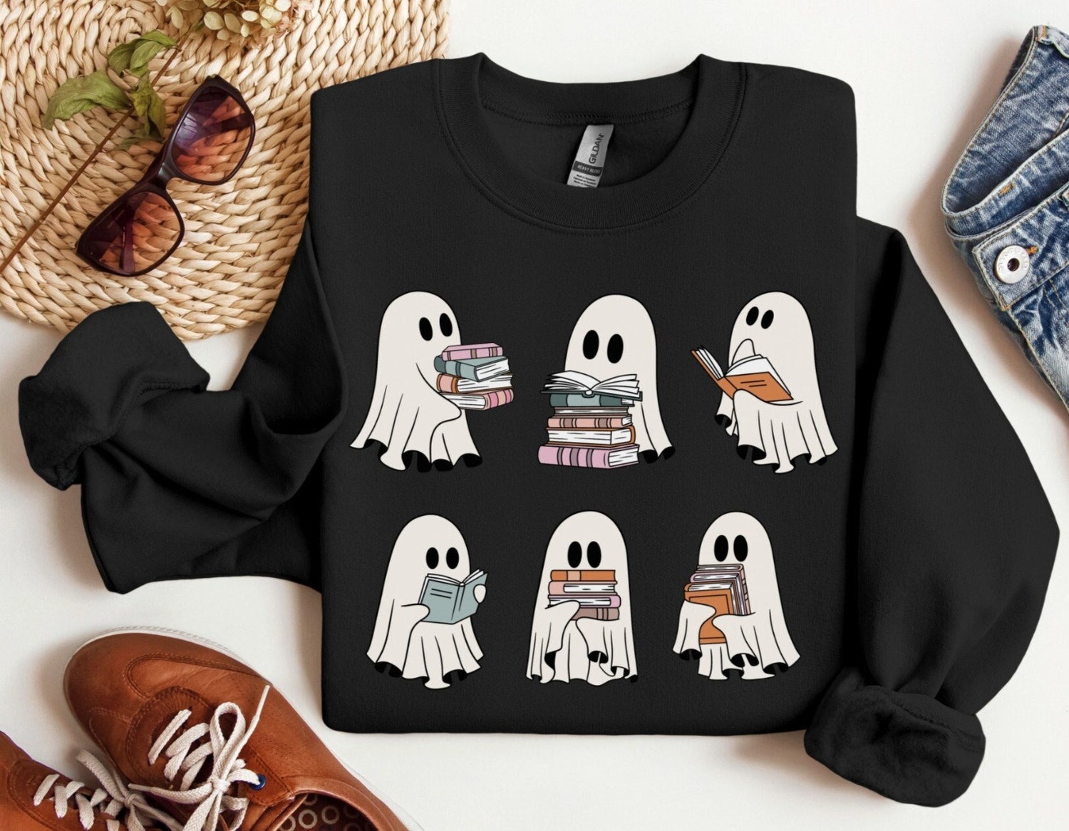 Retro Halloween Ghosts Reading Books Teacher Librarian Spooky Season Lover Sweatshirt image 1