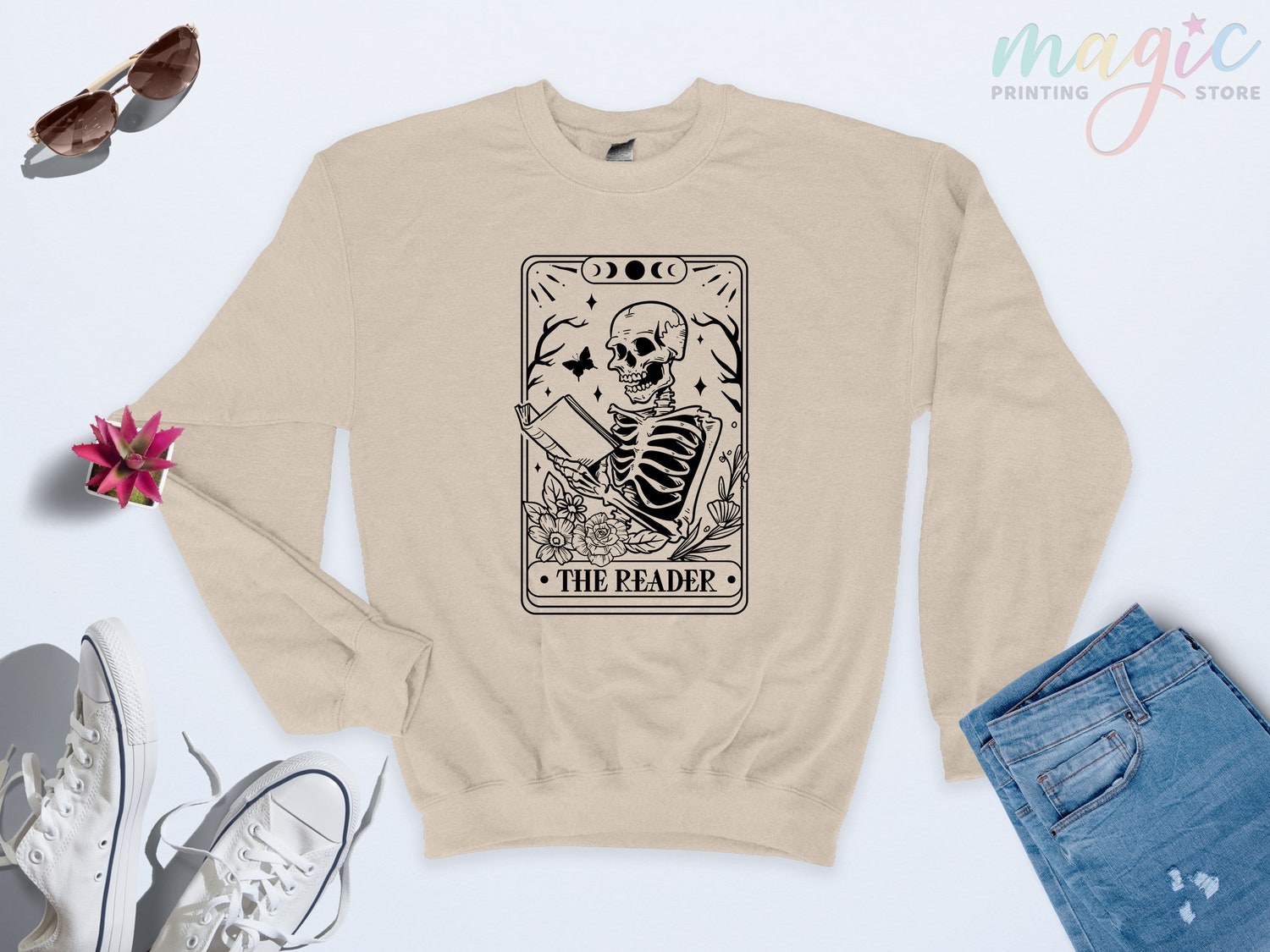 The Reader Tarot Card Skeleton Reading Book Lovers Women Flower Hoodie image 3