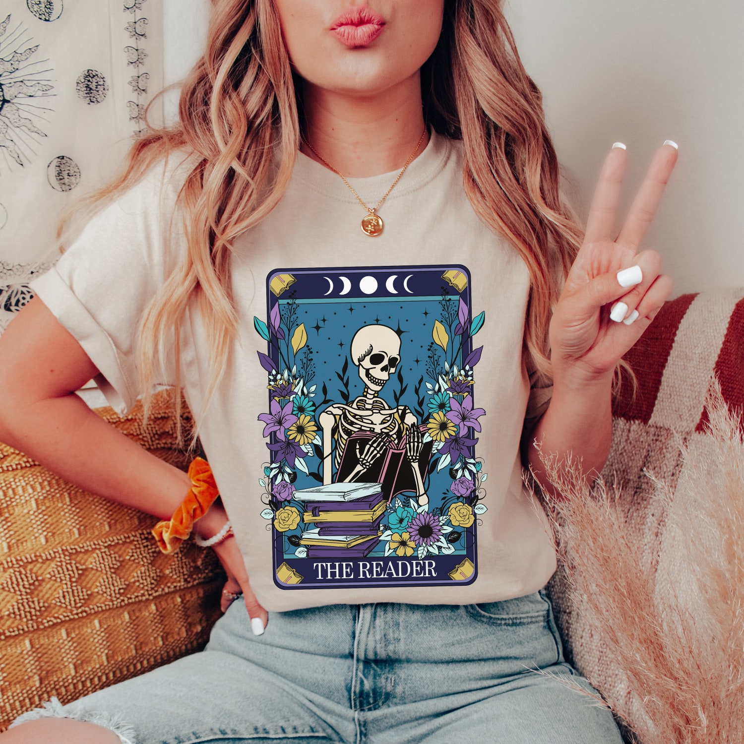 Lliterary Book Tarot Card The Reader Halloween Literature Skeleton Lover Bibliophile Shirt image 4