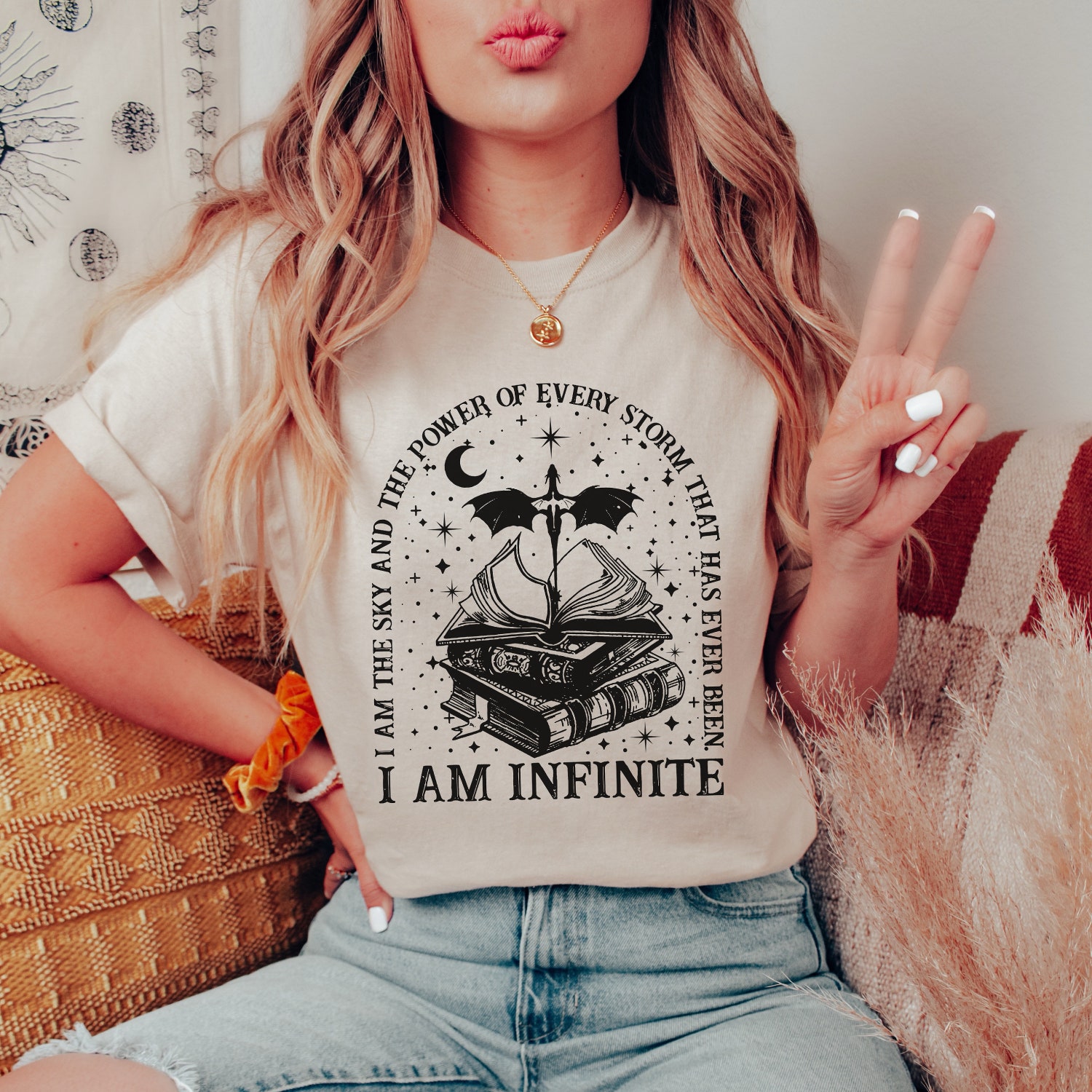 Vintage I Am Infinite Book Dragon Gothic War College Literature Fandom Shirt image 3