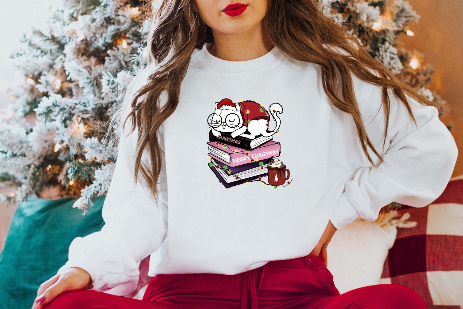 Meowy Christmas Happy Cat Year Book Cute Holiday Teacher Librarian Sweatshirt image 3