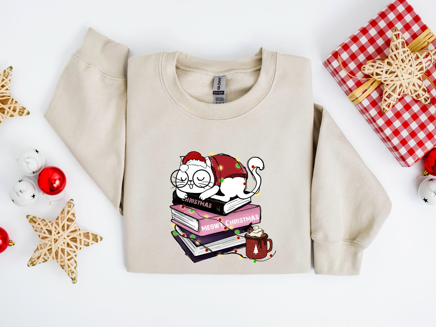 Meowy Christmas Happy Cat Year Book Cute Holiday Teacher Librarian Sweatshirt image 2