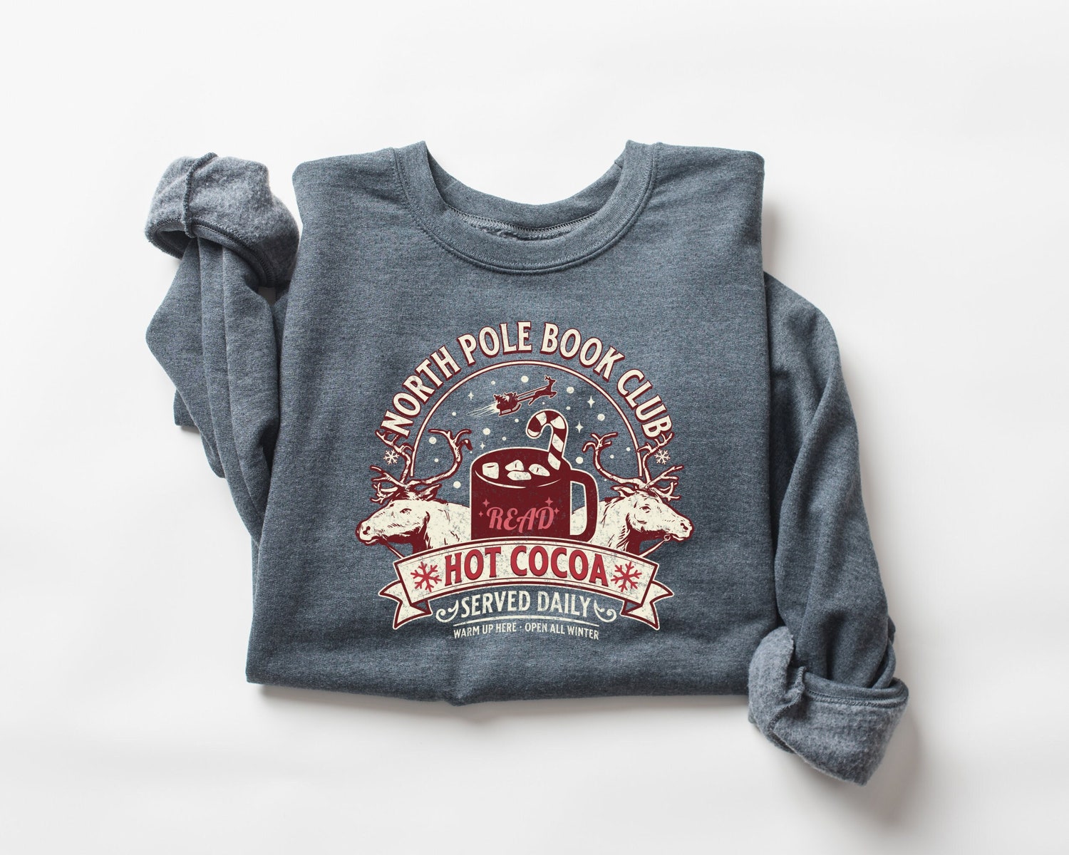 North Pole Book Club Hot Cocoa Served Daily Christmas Lover Bookish Crewneck image 1