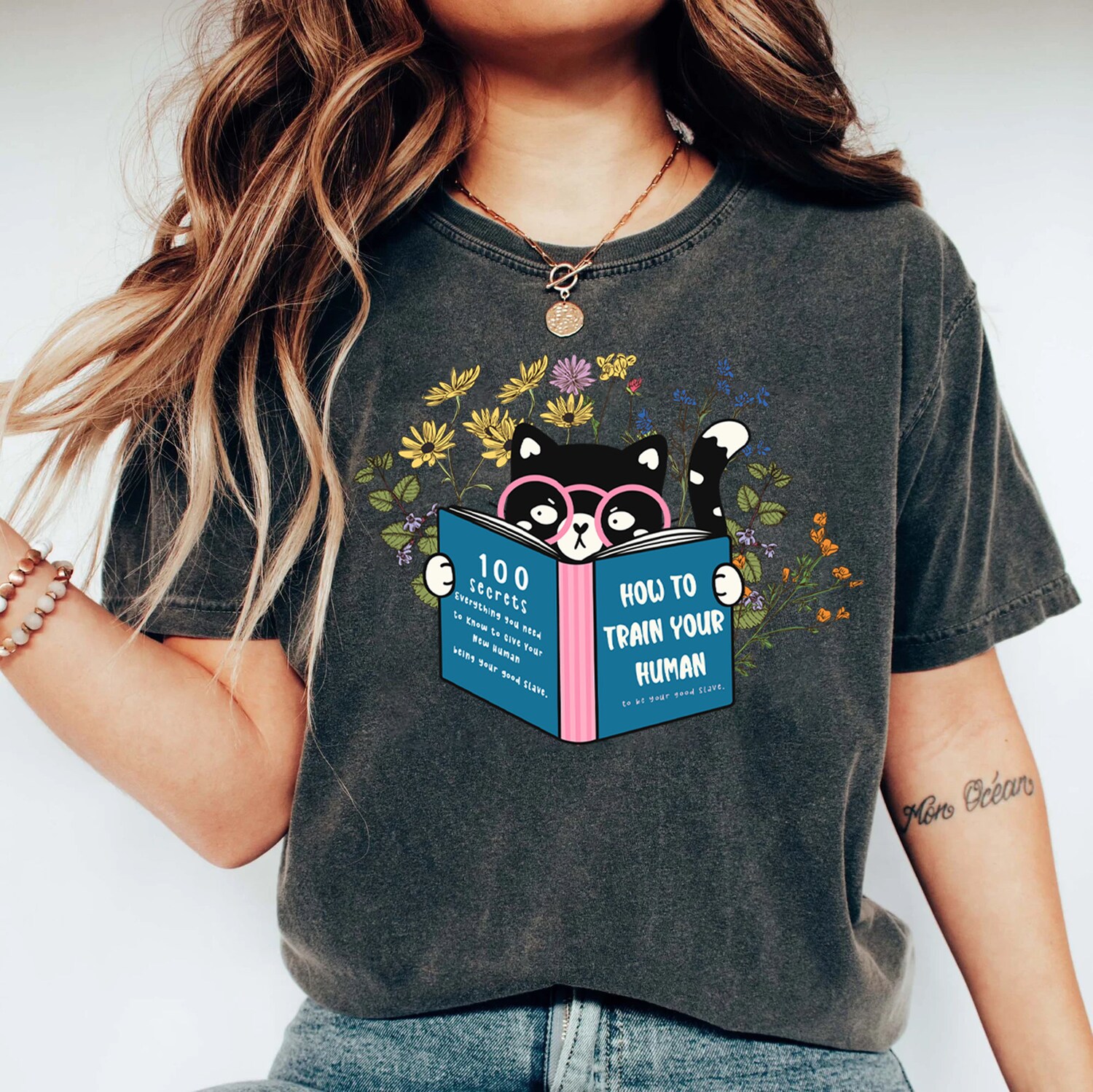 Floral Cat Reading How To Train Your Human Lover Book Mom Cute Women Shirt image 1