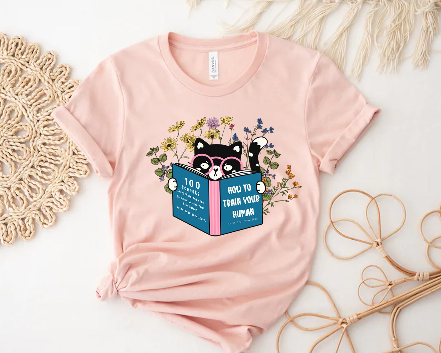 Floral Cat Reading How To Train Your Human Lover Book Mom Cute Women Shirt image 4