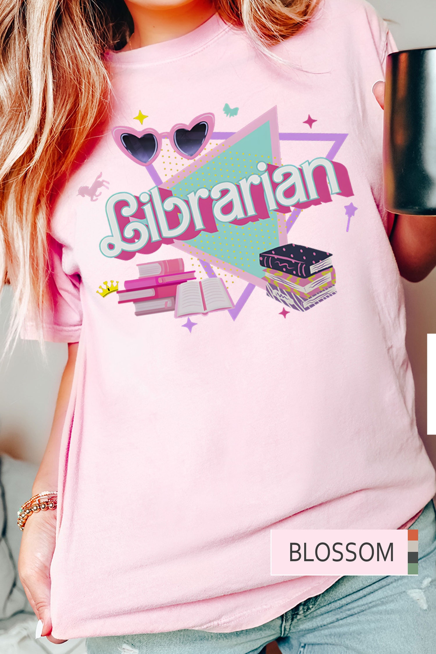 Retro 90s Barb Librarian Women Book Cute Librarian Pink Doll Reading Shirt image 3