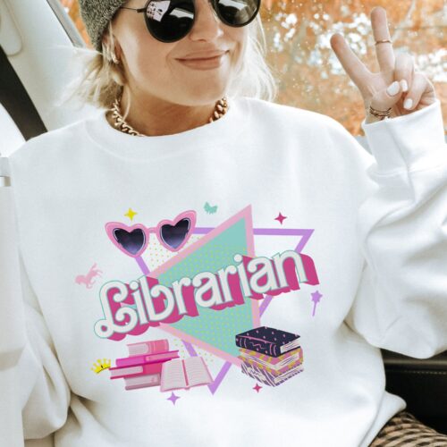 Retro 90s Barb Librarian Women Book Cute Librarian Pink Doll Reading Shirt image 0