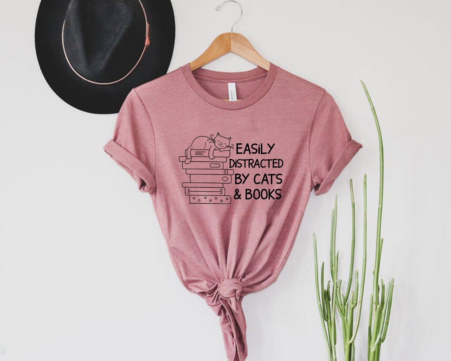 Easily Distracted By Cats And Books Lover Funny Reader Librarian Shirt image 4