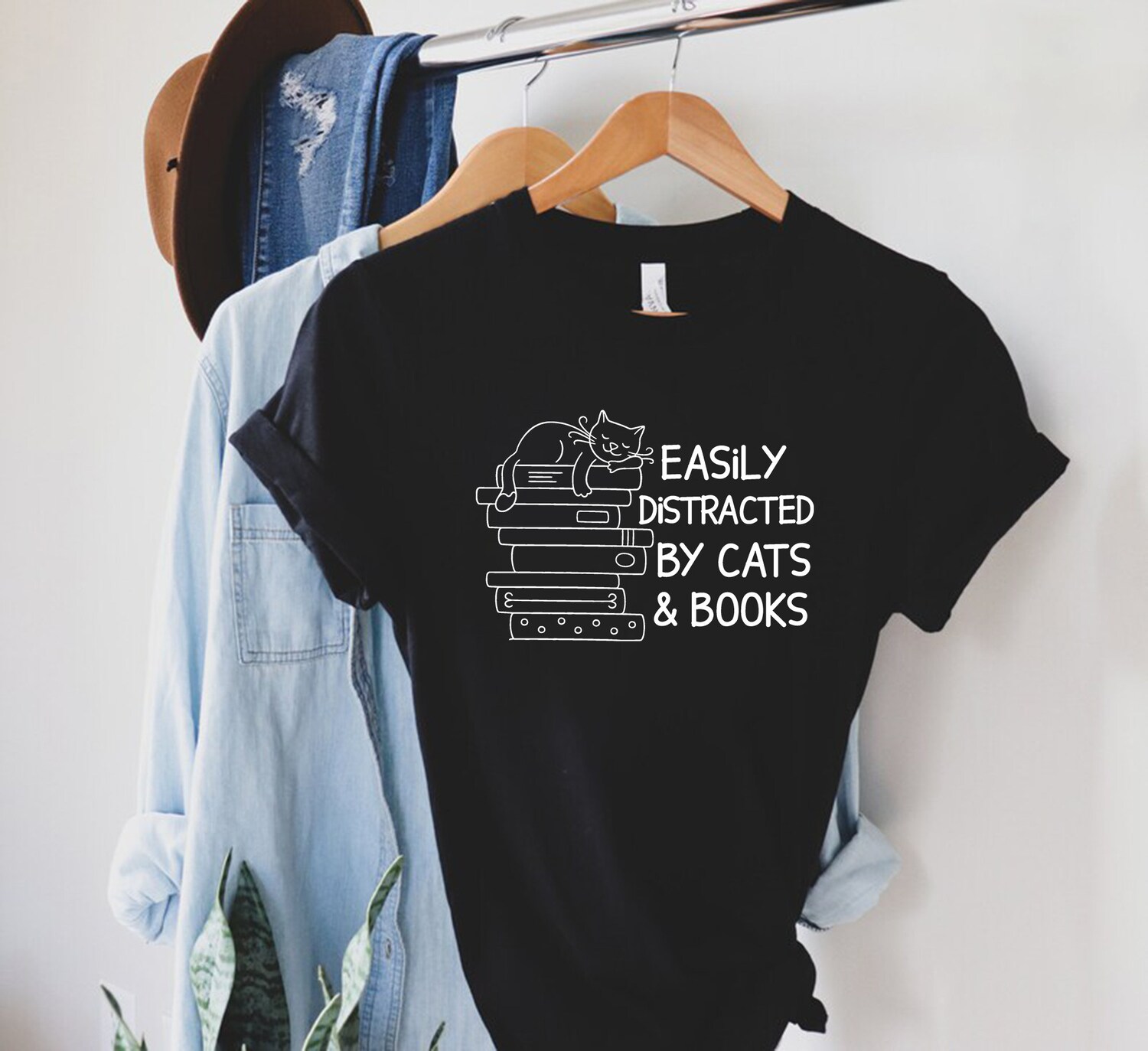 Easily Distracted By Cats And Books Lover Funny Reader Librarian Shirt image 6