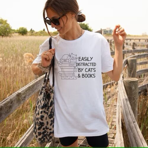 Easily Distracted By Cats And Books Lover Funny Reader Librarian Shirt image 0