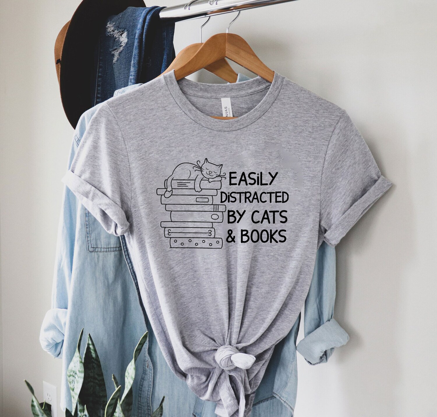 Easily Distracted By Cats And Books Lover Funny Reader Librarian Shirt image 8