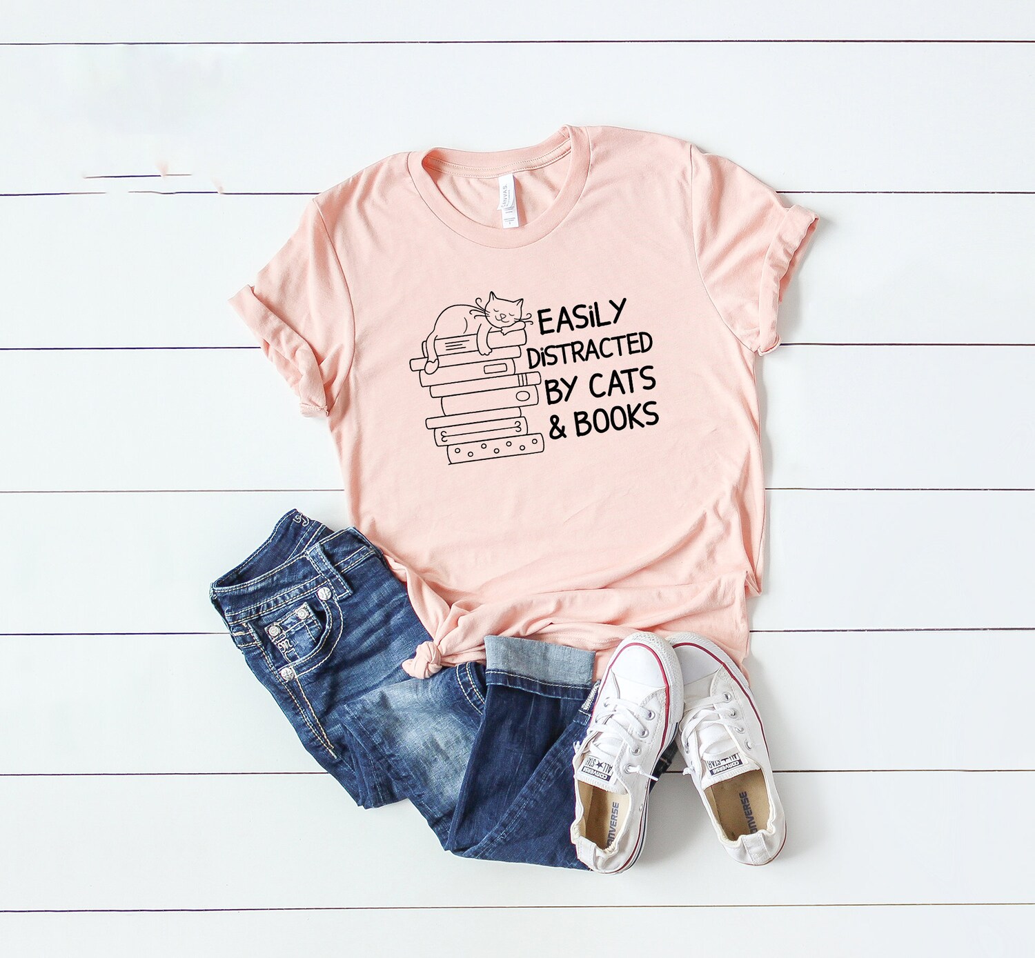 Easily Distracted By Cats And Books Lover Funny Reader Librarian Shirt image 5