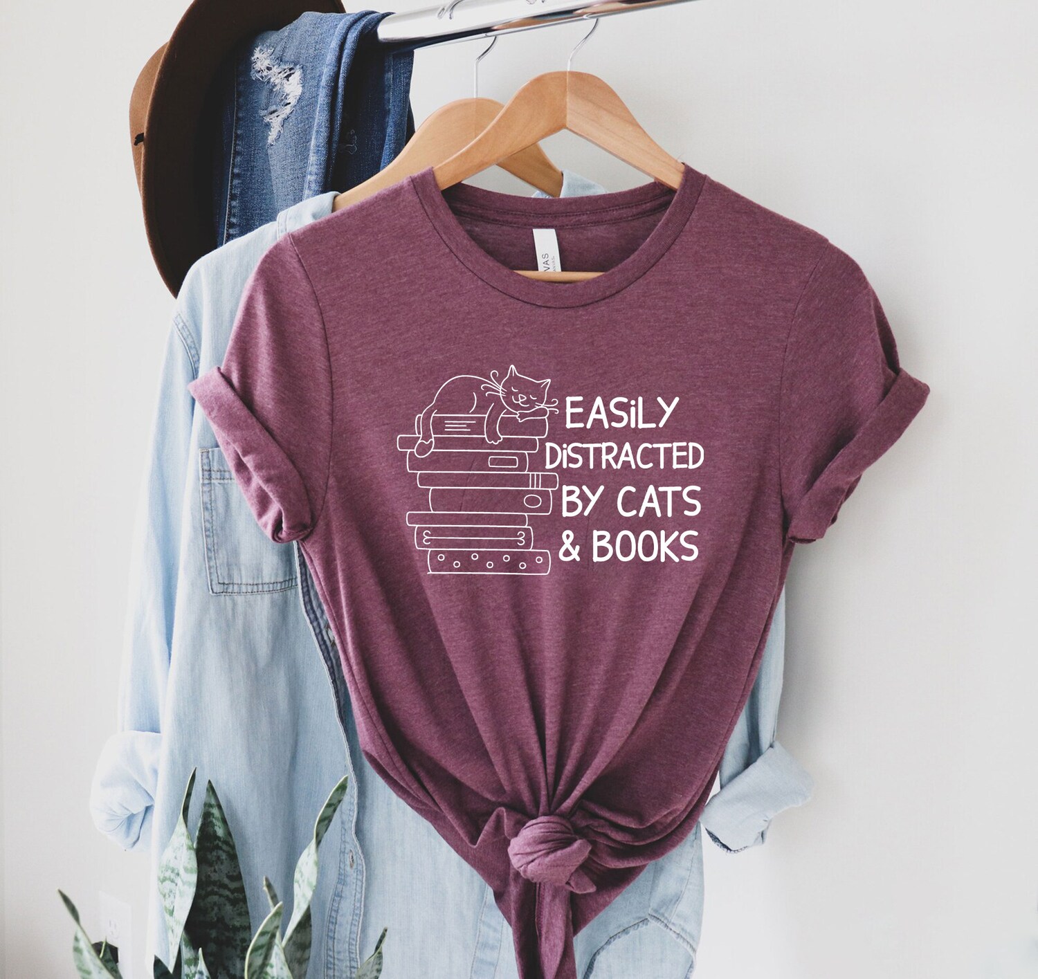 Easily Distracted By Cats And Books Lover Funny Reader Librarian Shirt image 2