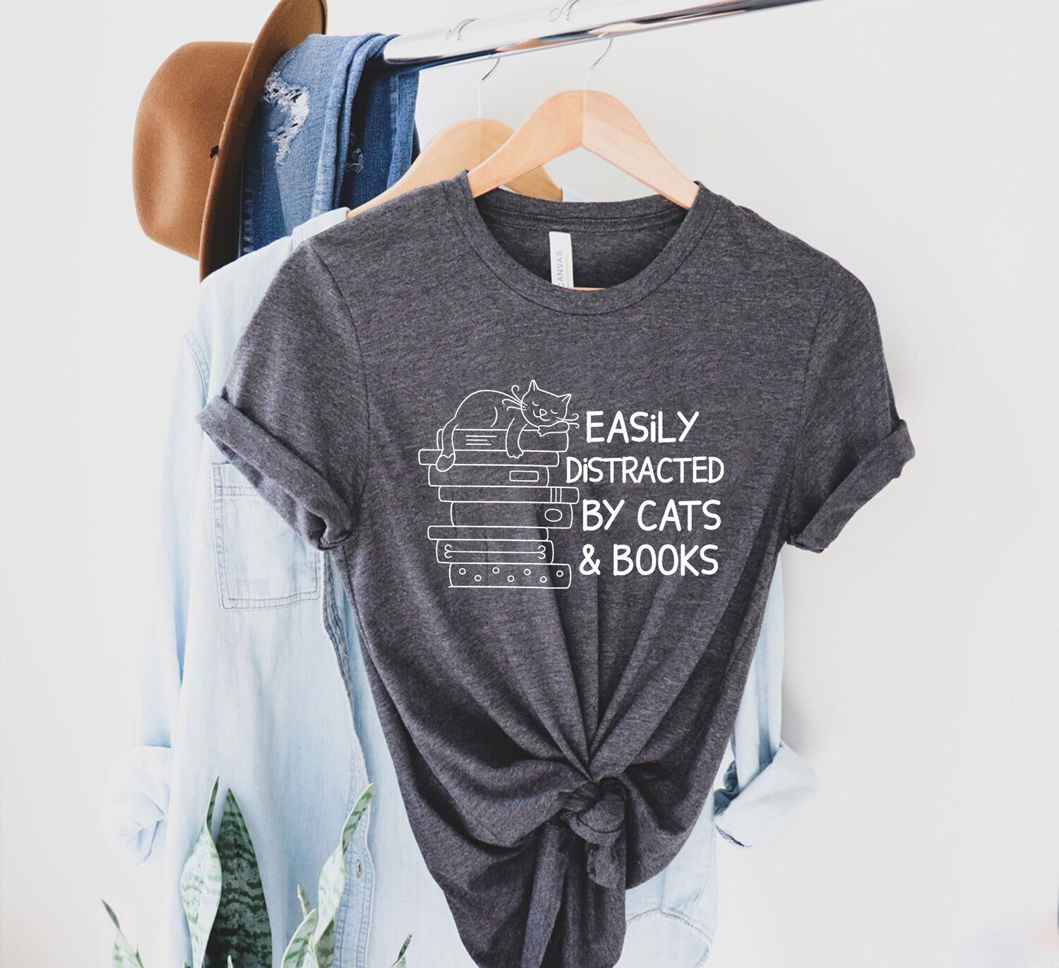 Easily Distracted By Cats And Books Lover Funny Reader Librarian Shirt image 1