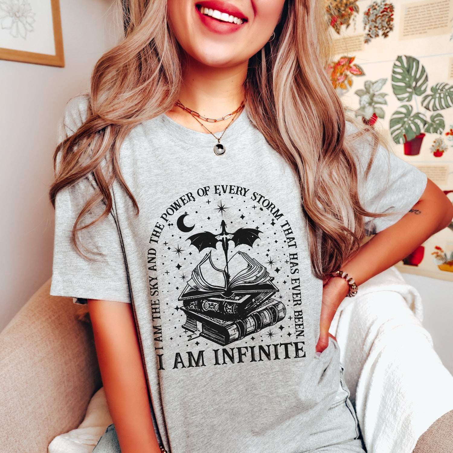 Vintage I Am Infinite Book Dragon Gothic War College Literature Fandom Shirt image 2