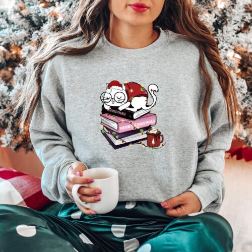 Meowy Christmas Happy Cat Year Book Cute Holiday Teacher Librarian Sweatshirt image 0