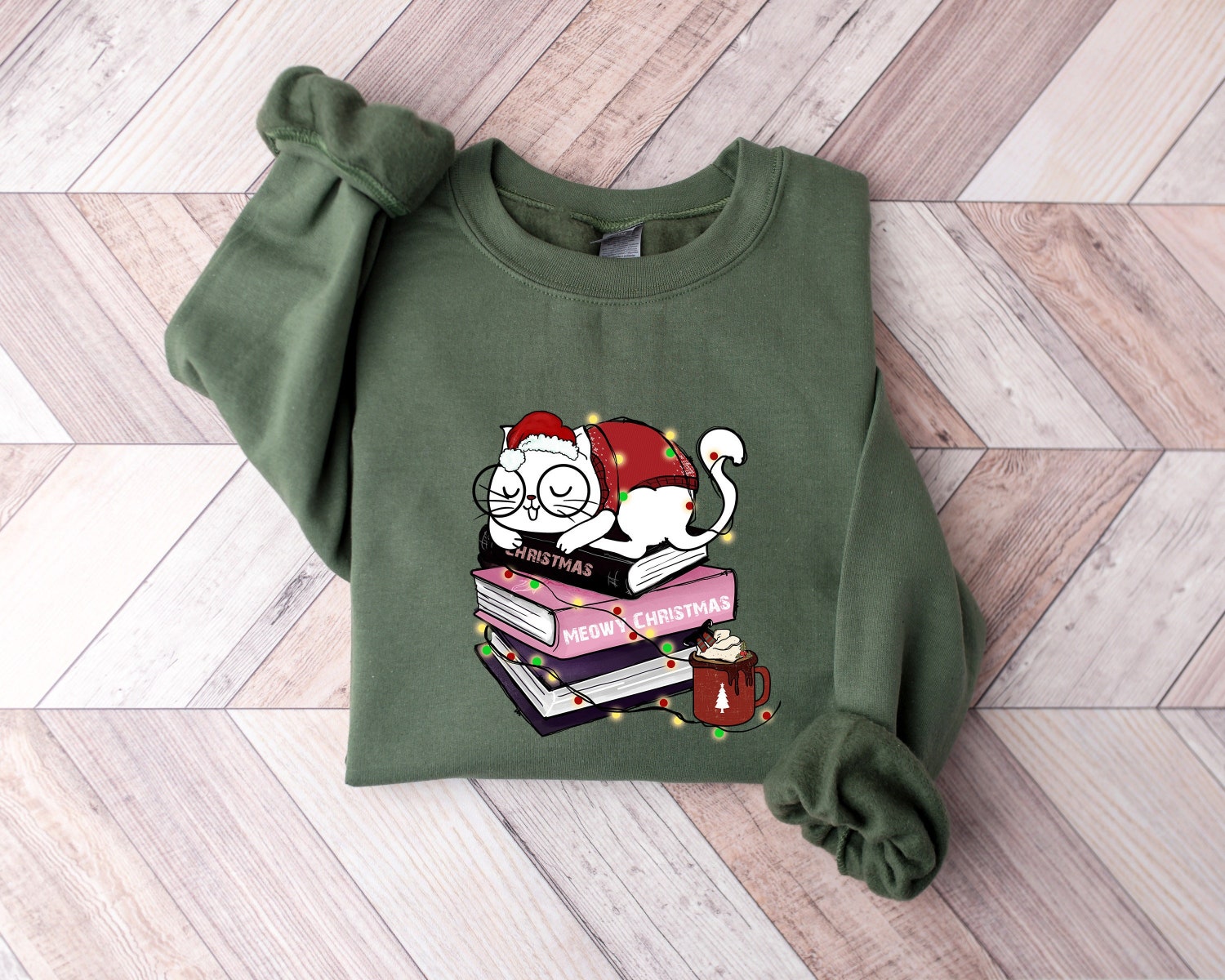 Meowy Christmas Happy Cat Year Book Cute Holiday Teacher Librarian Sweatshirt image 1