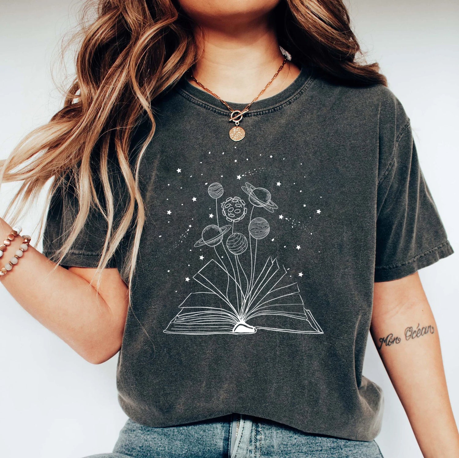 Books And Space Lover Astronomy Reading Science Floral Nerd Women Shirt image 4