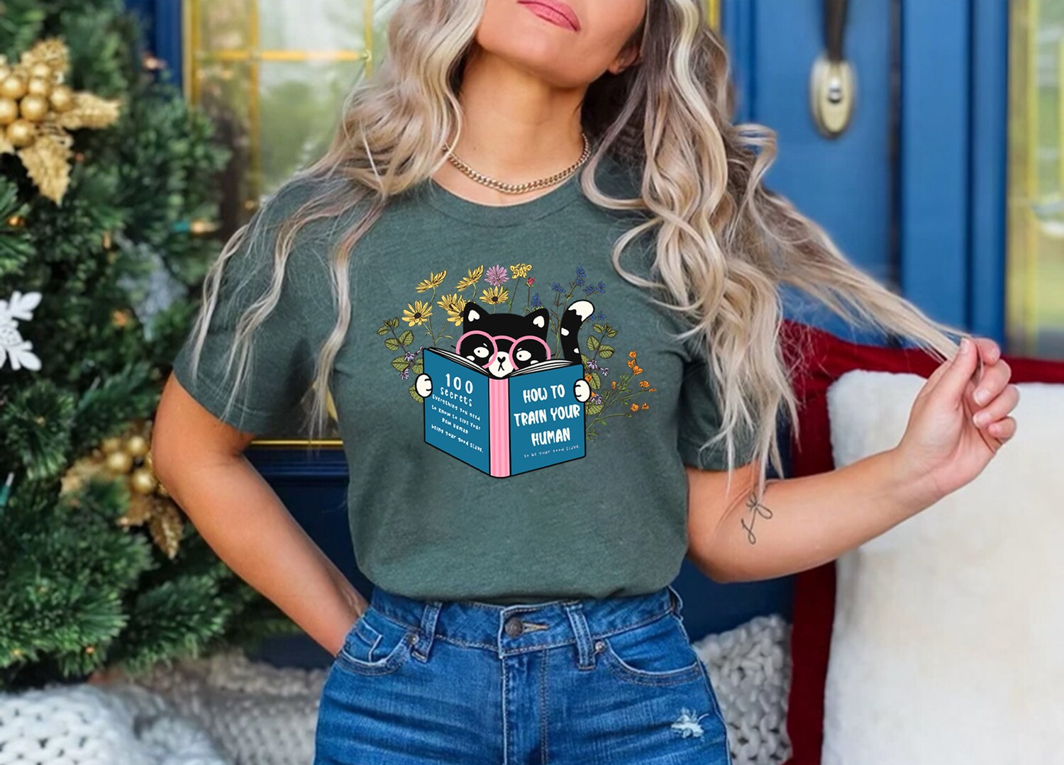 Floral Cat Reading How To Train Your Human Lover Book Mom Cute Women Shirt image 6