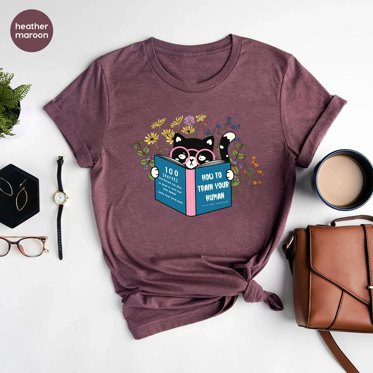 Floral Cat Reading How To Train Your Human Lover Book Mom Cute Women Shirt image 7