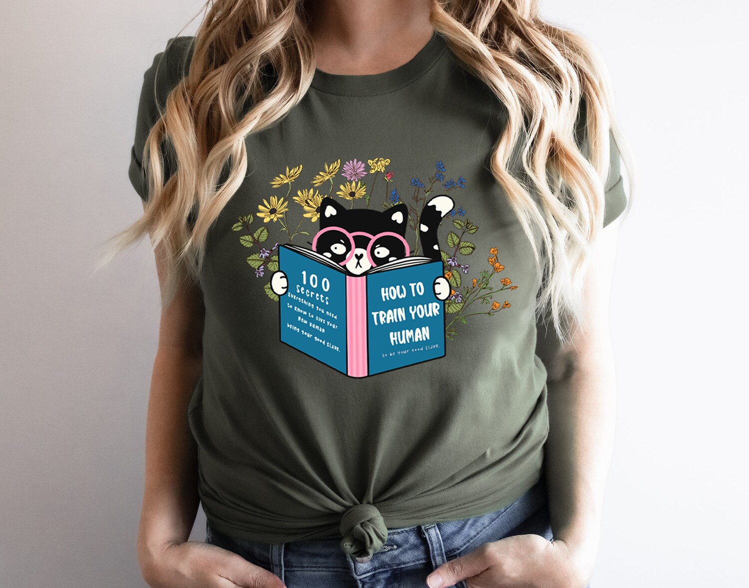 Floral Cat Reading How To Train Your Human Lover Book Mom Cute Women Shirt image 3