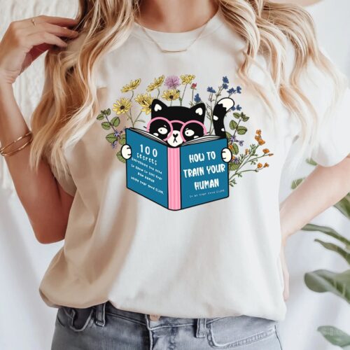 Floral Cat Reading How To Train Your Human Lover Book Mom Cute Women Shirt image 0