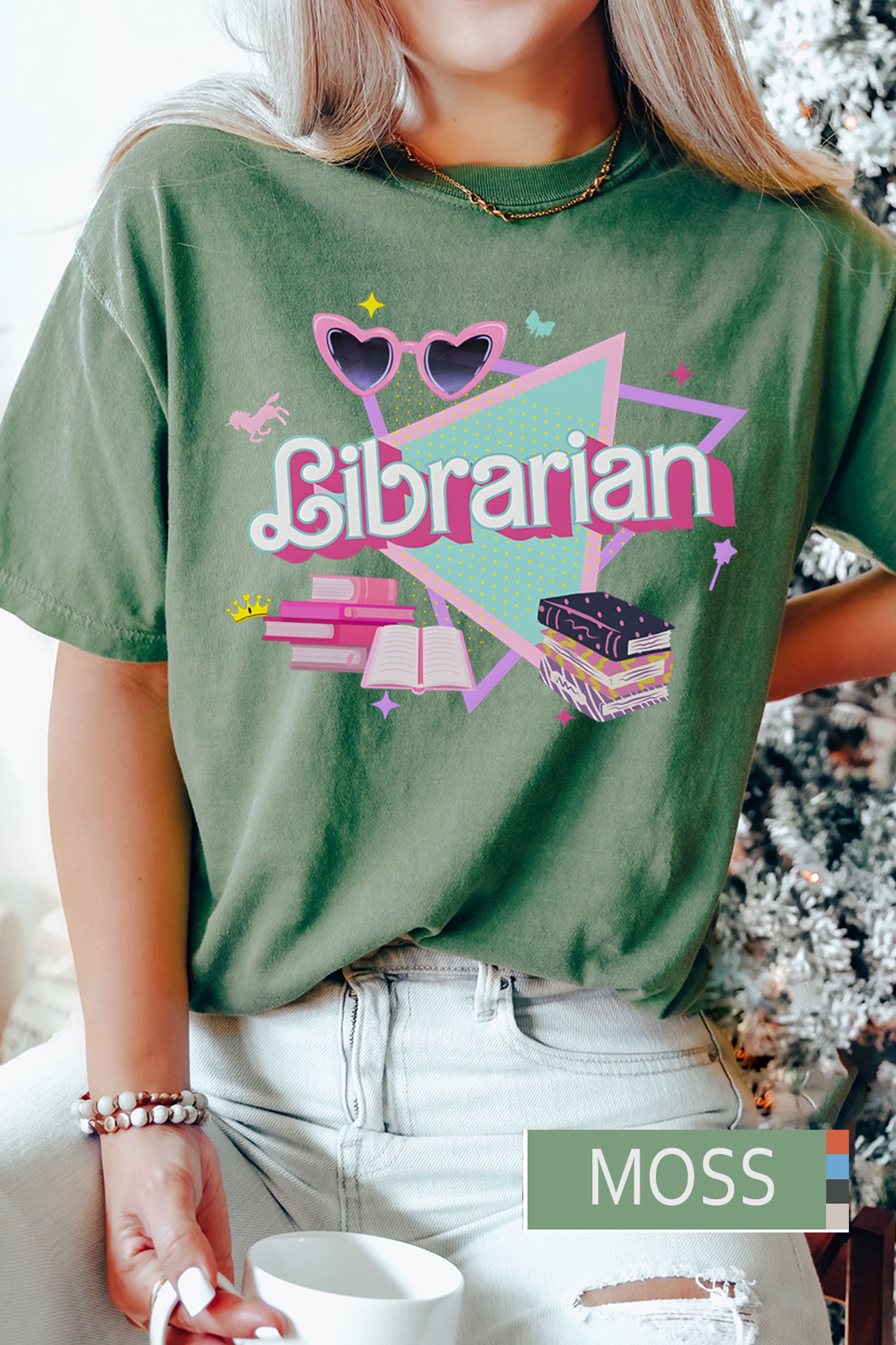 Retro 90s Barb Librarian Women Book Cute Librarian Pink Doll Reading Shirt image 7