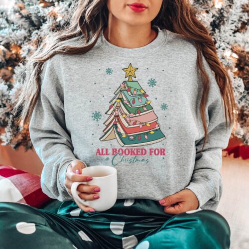 All Booked For Christmas Book Tree Teacher Lovers School Vacation Shirt image 0