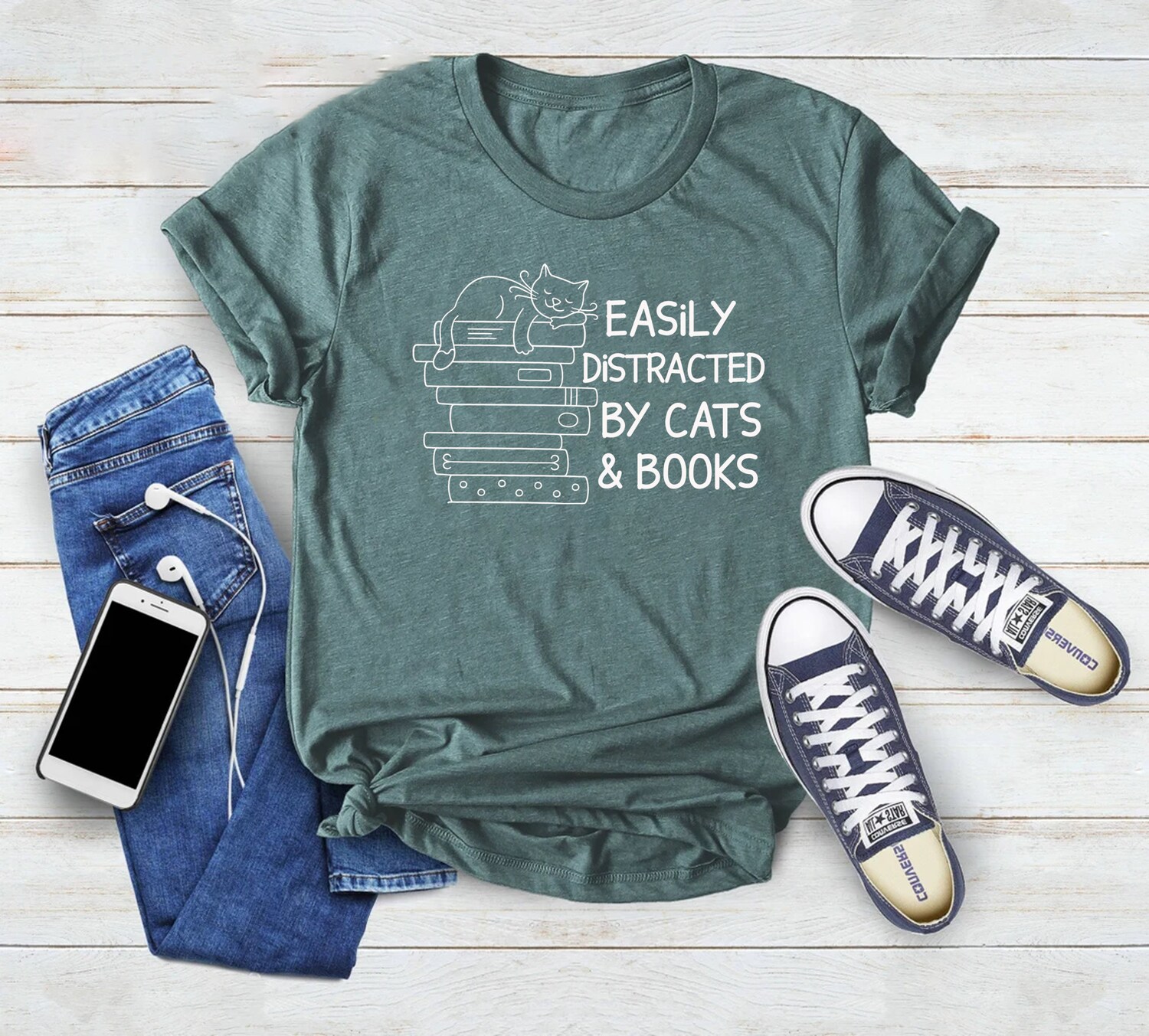 Easily Distracted By Cats And Books Lover Funny Reader Librarian Shirt image 7