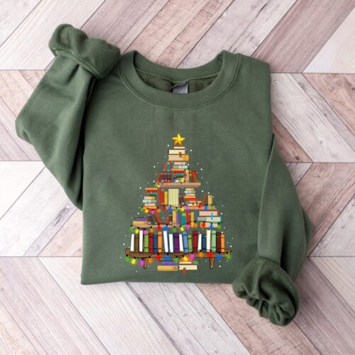 Christmas Book Tree Teachers School Lovers Librarian Holiday Cute Shirt image 0