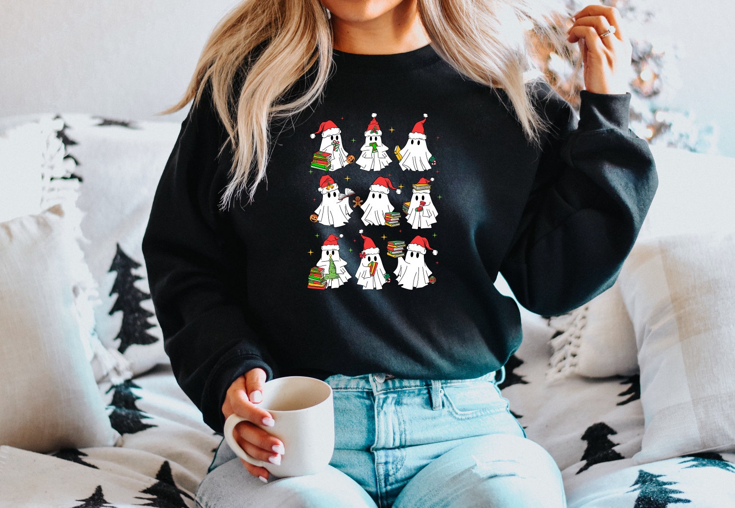 Christmas Ghost Book Cute Funny Reading Vacation Holiday Nerd Sweatshirt image 1