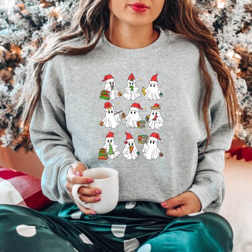 Christmas Ghost Book Cute Funny Reading Vacation Holiday Nerd Sweatshirt image 0