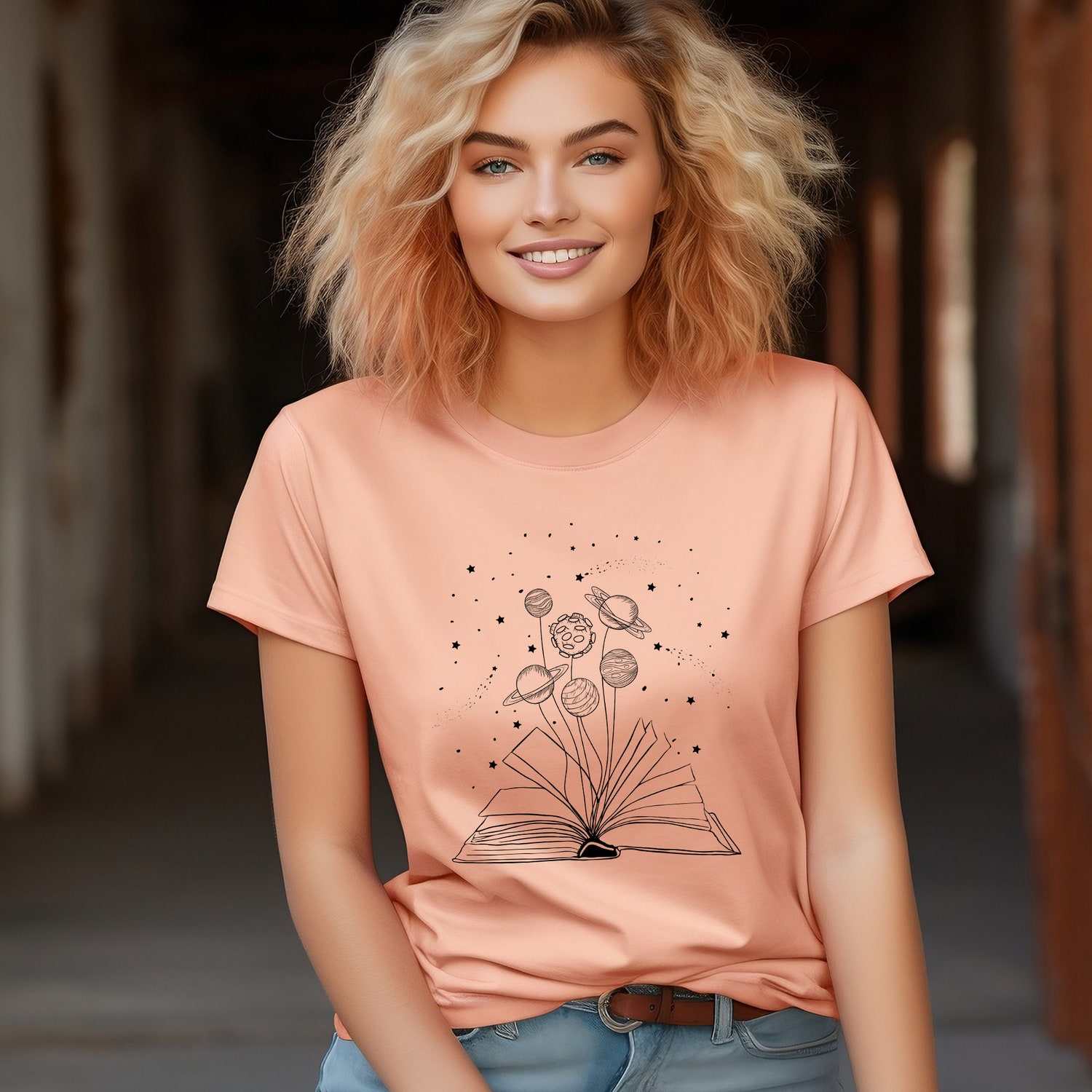 Books And Space Lover Astronomy Reading Science Floral Nerd Women Shirt image 3