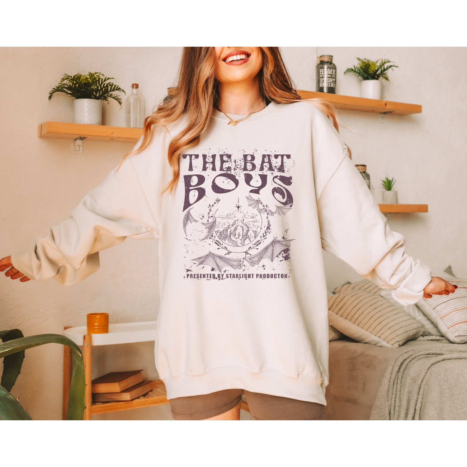 Vintage Fantasy Bat Boys Book Love Reading Literature Gothic Sweatshirt image 1