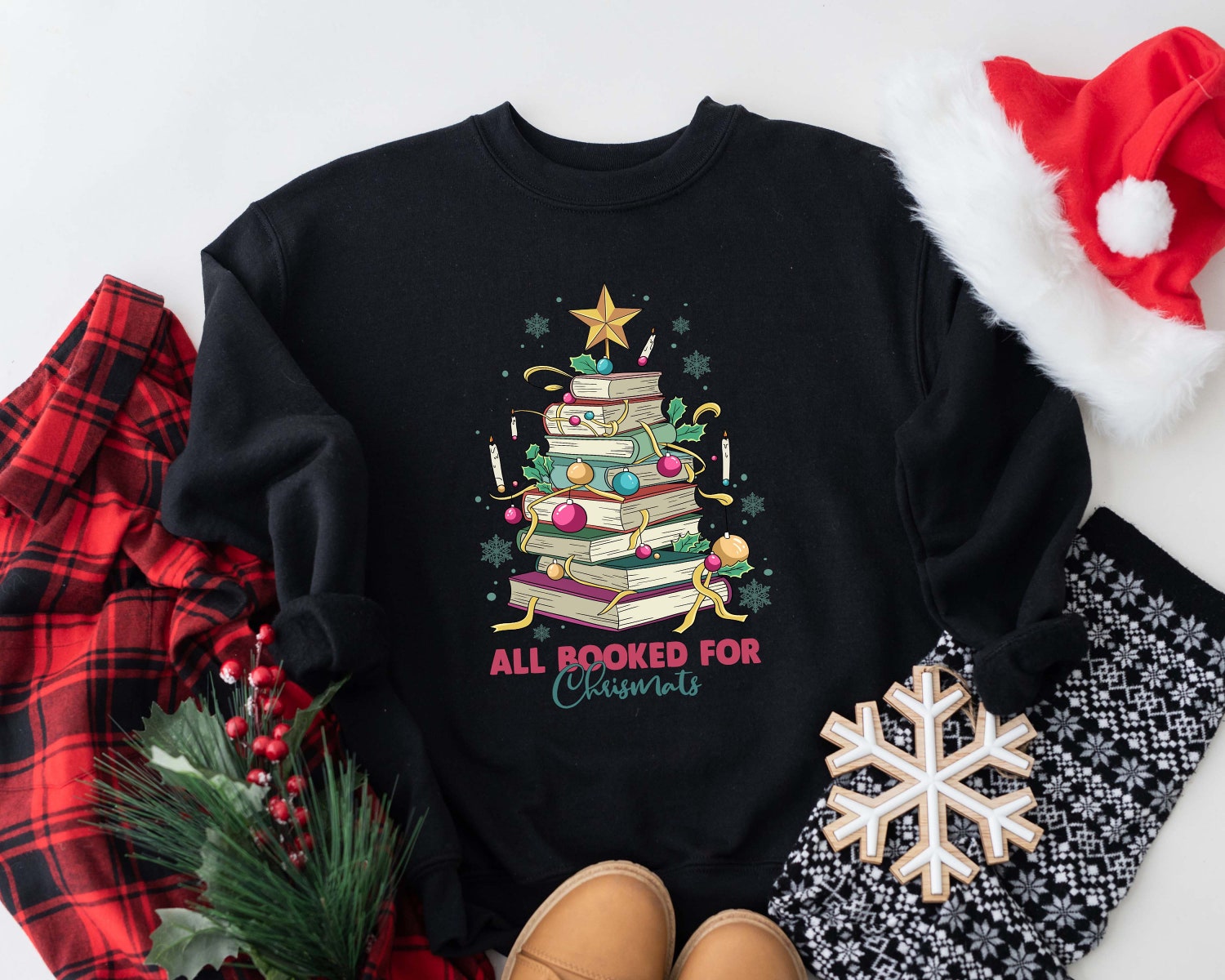 All Booked For Christmas Librarian Lovers Star Teacher Holiday Sweatshirt image 2