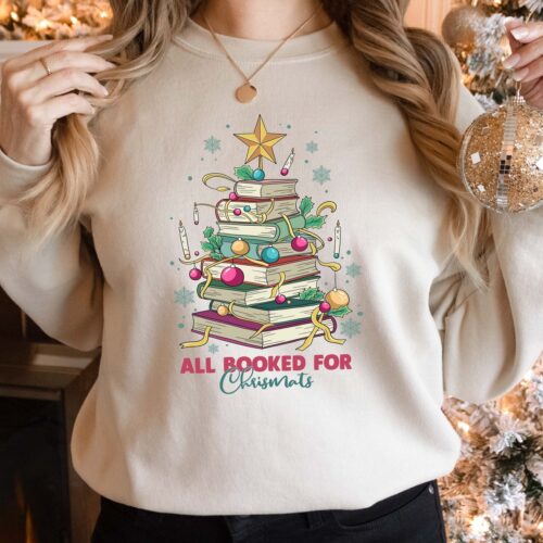 All Booked For Christmas Librarian Lovers Star Teacher Holiday Sweatshirt image 0