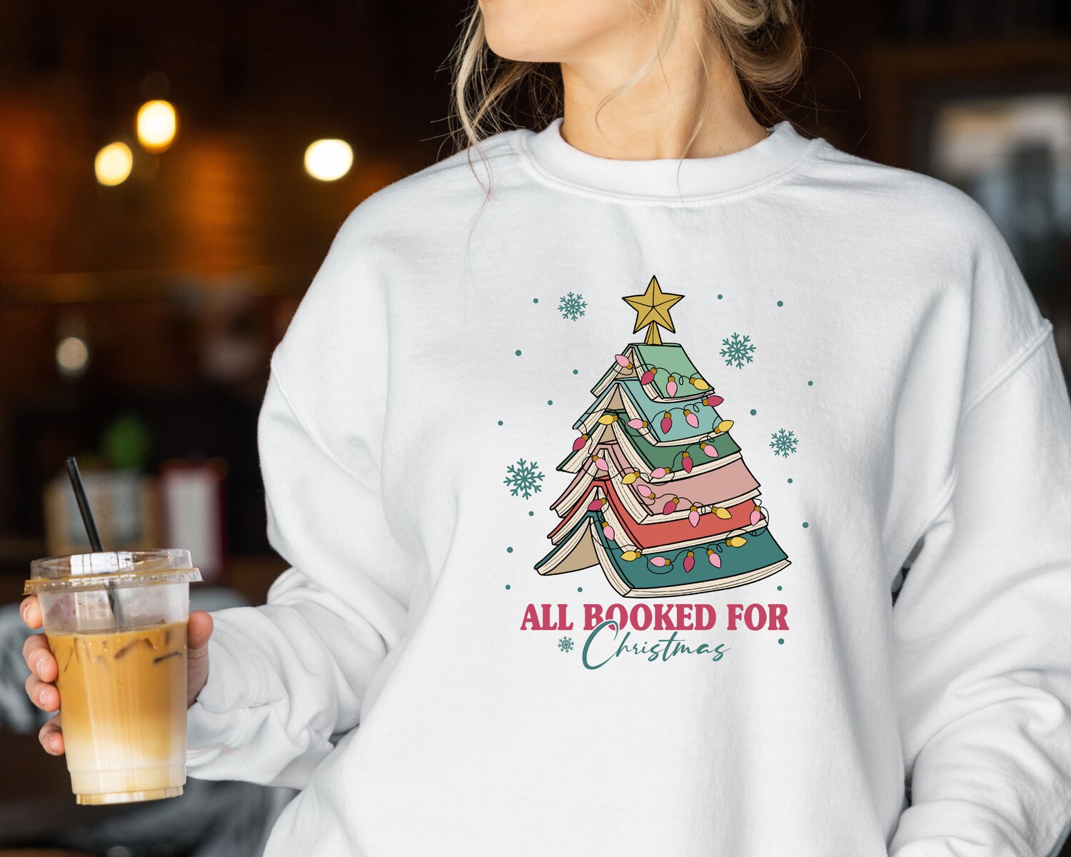 All Booked For Christmas Tree Lover Librarian Teacher Holiday Sweatshirt image 2