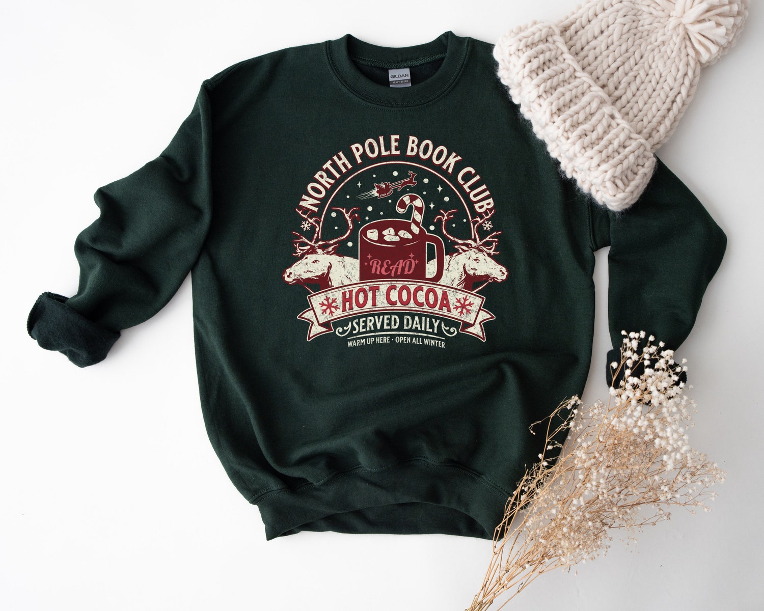 North Pole Book Club Hot Cocoa Served Daily Christmas Lover Bookish Crewneck image 2