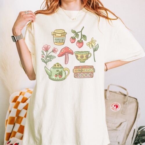 Cottagecore Spring Aesthetic Bookish Tea Time Strawberry Botanical Shirt image 0