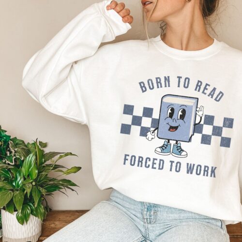 Born To Read Forced To Work Bookish Lover Librarian Checkered Sweatshirt image 0