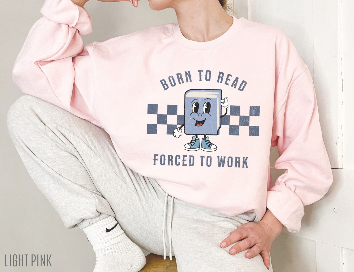 Born To Read Forced To Work Bookish Lover Librarian Checkered Sweatshirt image 2