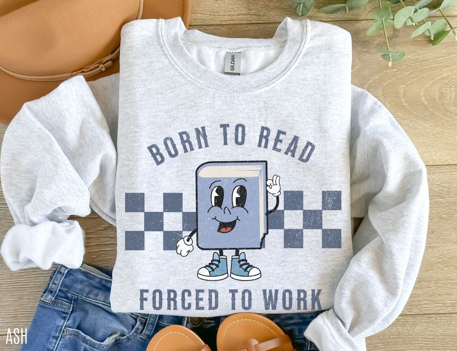 Born To Read Forced To Work Bookish Lover Librarian Checkered Sweatshirt image 1