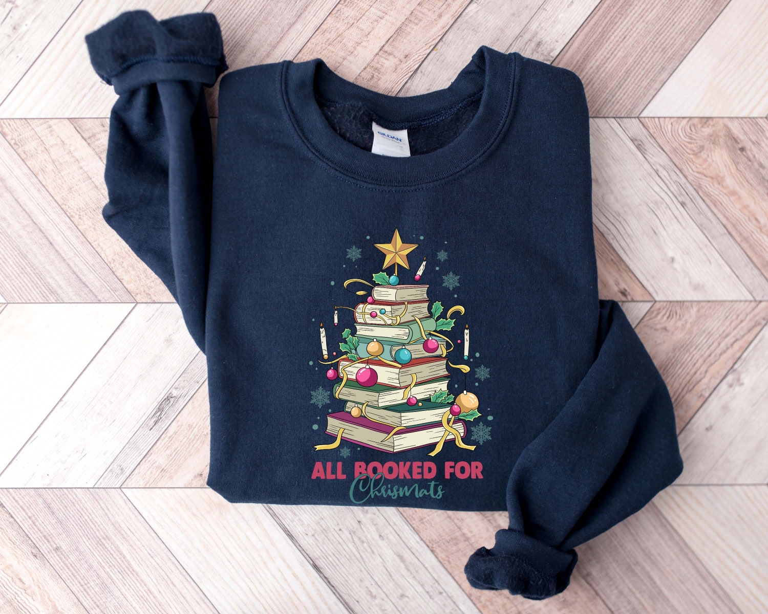 All Booked For Christmas Librarian Lovers Star Teacher Holiday Sweatshirt image 1