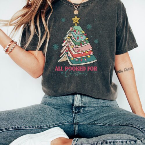 Book Tree Lover Christmas Teacher Cute Women Holiday Librarian Cute Shirt image 0