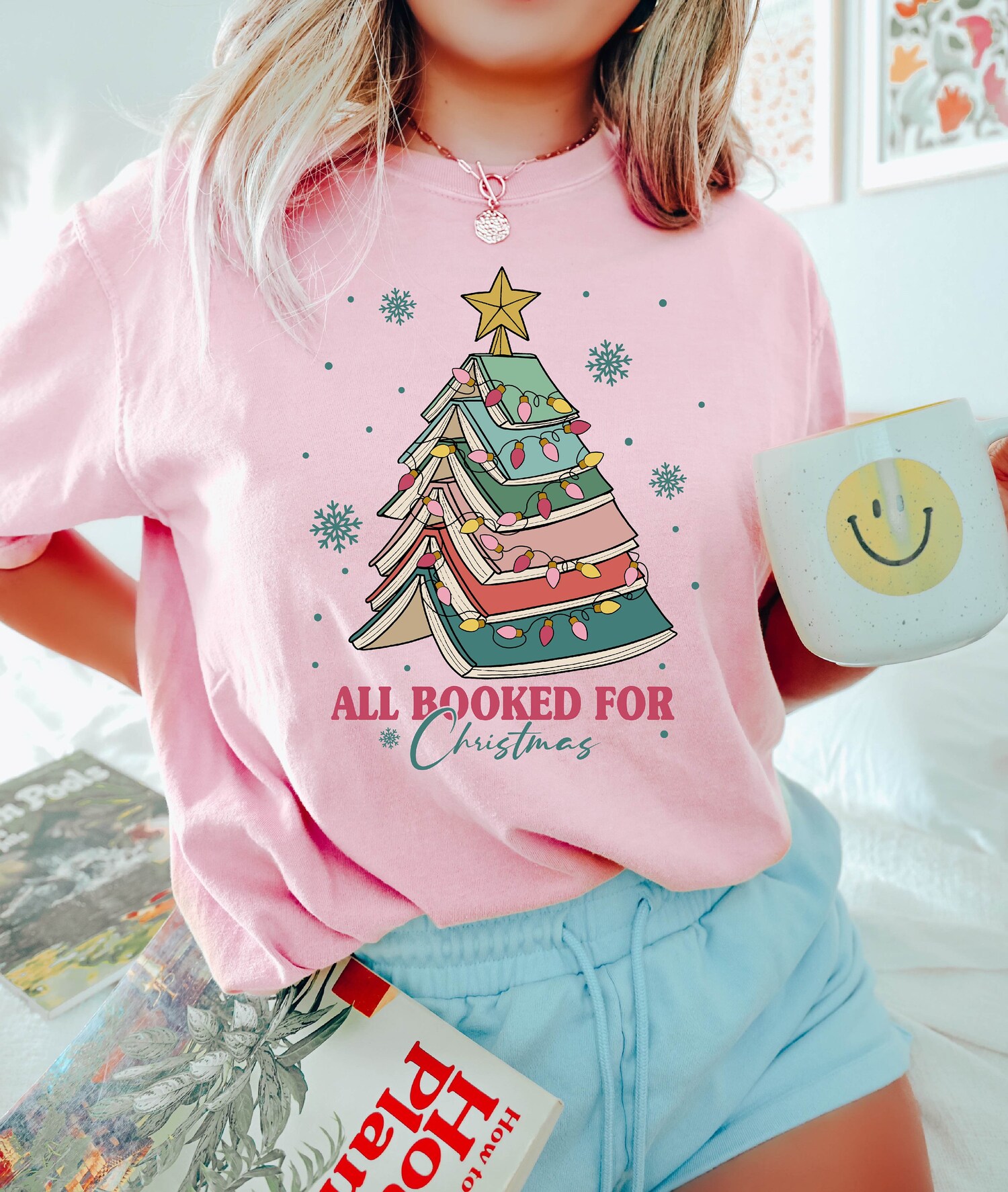 Book Tree Lover Christmas Teacher Cute Women Holiday Librarian Cute Shirt image 6