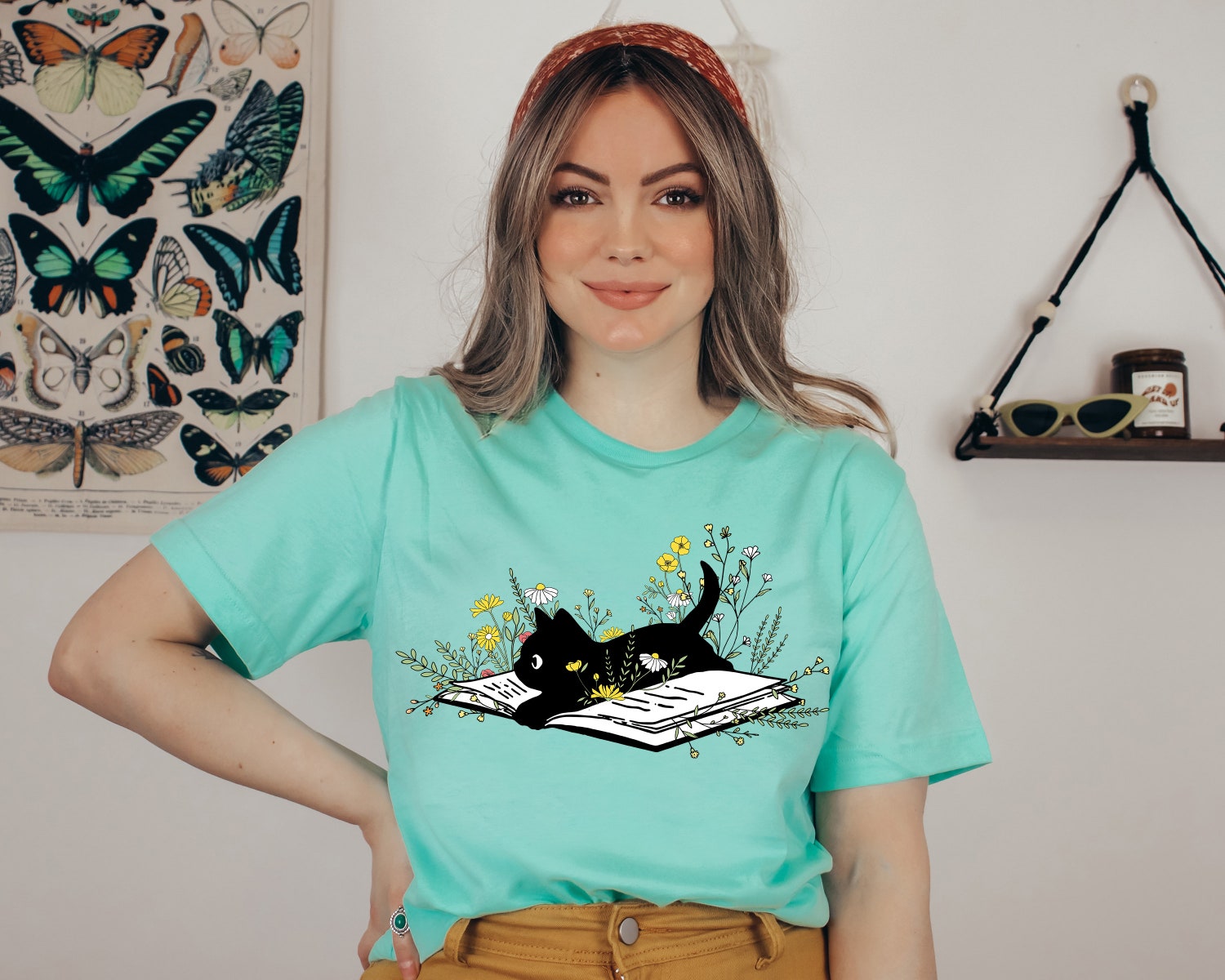 Custom Cute Cat Book Lover Reader Floral Art Flower Botanical Nerd Shirt image 4